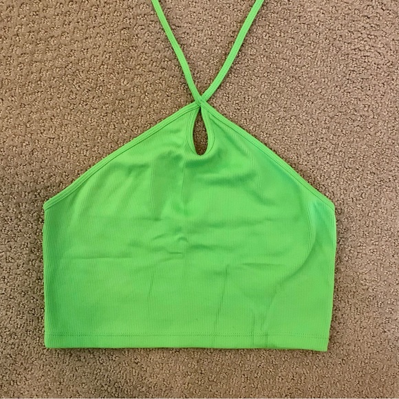 ZARA Neon Green Lime Halter Top Knit Stretchy Crop Top Keyhole - Picture 2 of 5